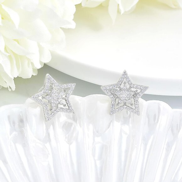 Sterling Silver Star Earrings for Women with Cubic Zirconia - Hypoallergenic, Da - Picture 3 of 7